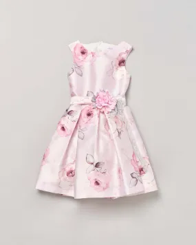 Abito smanicato rosa lucido in fantasia floreale con fascia e applicazione fiore davanti 14 anni