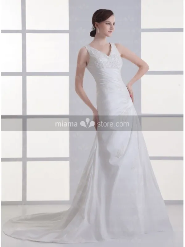PAULINE - A-line V-neck Chapel train Taffeta Wedding dress