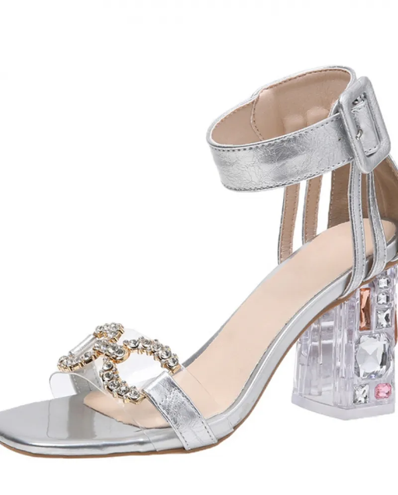 Sandali con tacco medio con strass Donna New Summer Transparent Crystal Th