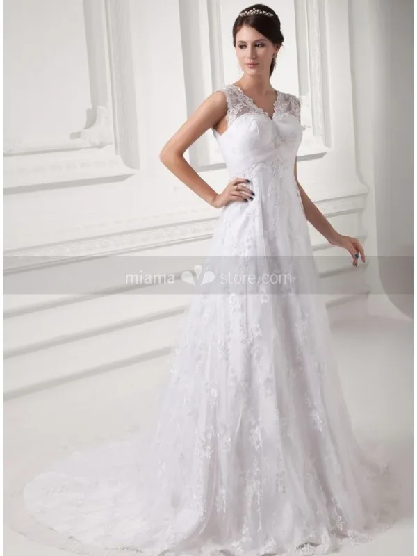 STELLA - A-line V-neck Empire waist Chapel train Lace Wedding dress