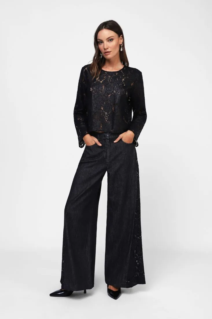  Wide leg jeans with lace panels    